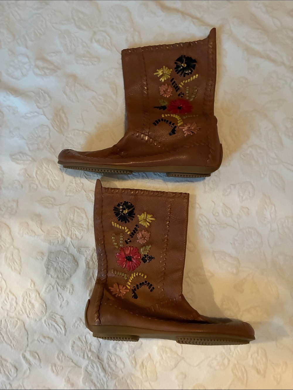 Gianni Bini women’s Brown Embroidered Leather Boots - Floral Detail